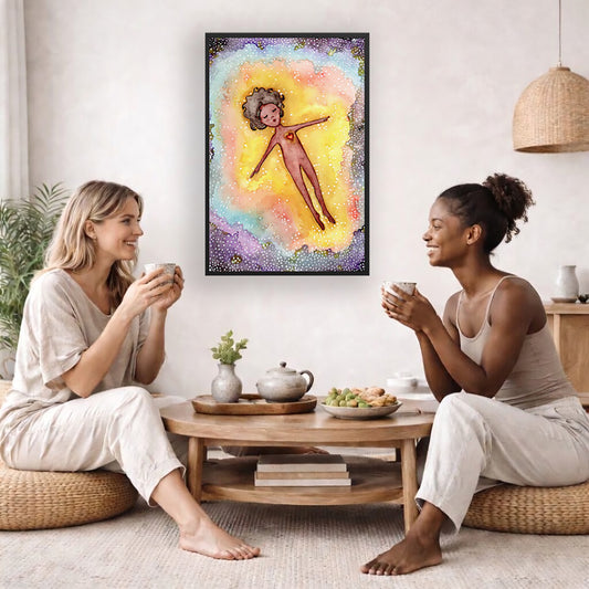 Astral body travelling in another dimension poster.  The poster is framed and is in the center of the living room wall. Two female friends are having tea, grapes and cookies on a coffee table in front of the poster. On the left there is a green potted plant and to the right there is a hanging lamp.
