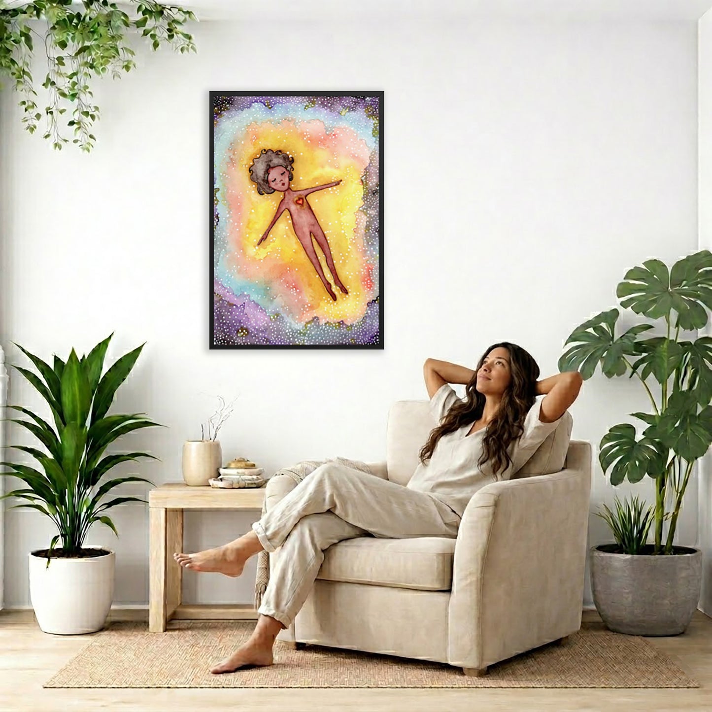 Astral body travelling in another dimension poster. The poster is framed and is in the center of the living room wall. To the right a woman is relaxing in a chair with her hands behind her head. To the left is a green floor plant and a hanging green plant. To the right of her is a green floor plant.