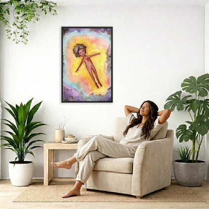 Astral body travelling in another dimension poster. The poster is framed and is in the center of the living room wall. To the right a woman is relaxing in a chair with her hands behind her head. To the left is a green floor plant and a hanging green plant. To the right of her is a green floor plant.