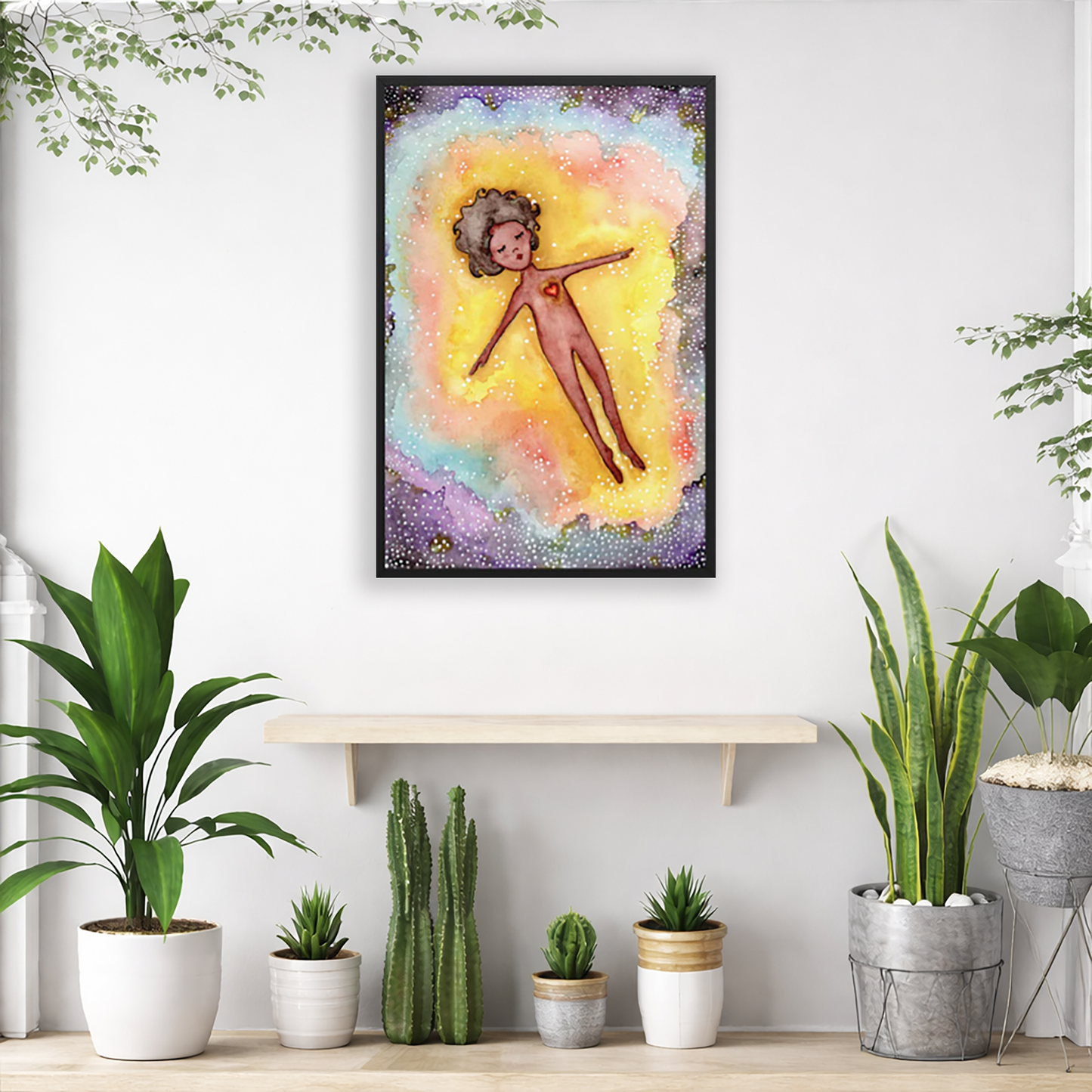 Astral body travelling in another dimension poster.  The poster is framed and is in the center of the living room wall. Below the poster is an empty bench. Below the bench is a variety of green potted plants including a few cactus.