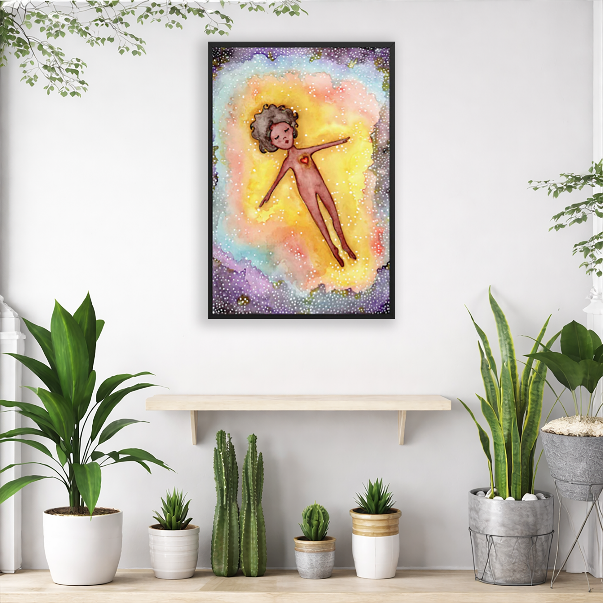 Astral body travelling in another dimension poster.  The poster is framed and is in the center of the living room wall. Below the poster is an empty bench. Below the bench is a variety of green potted plants including a few cactus.