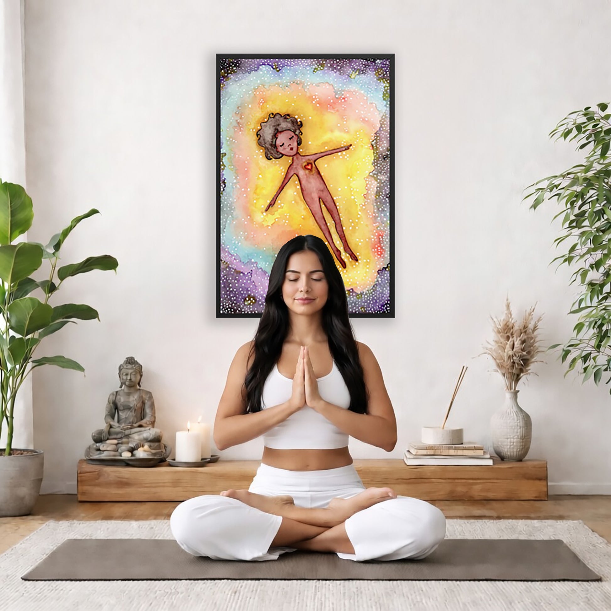 Astral body travelling in another dimension poster.  The poster is framed and is in the center of the living room wall. There is a woman meditating facing away from the wall. Behind her is a coffee table with incense and a Buddha statue. There are potted plants on the right and left side of the background.
