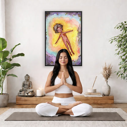 Astral body travelling in another dimension poster.  The poster is framed and is in the center of the living room wall. There is a woman meditating facing away from the wall. Behind her is a coffee table with incense and a Buddha statue. There are potted plants on the right and left side of the background.
