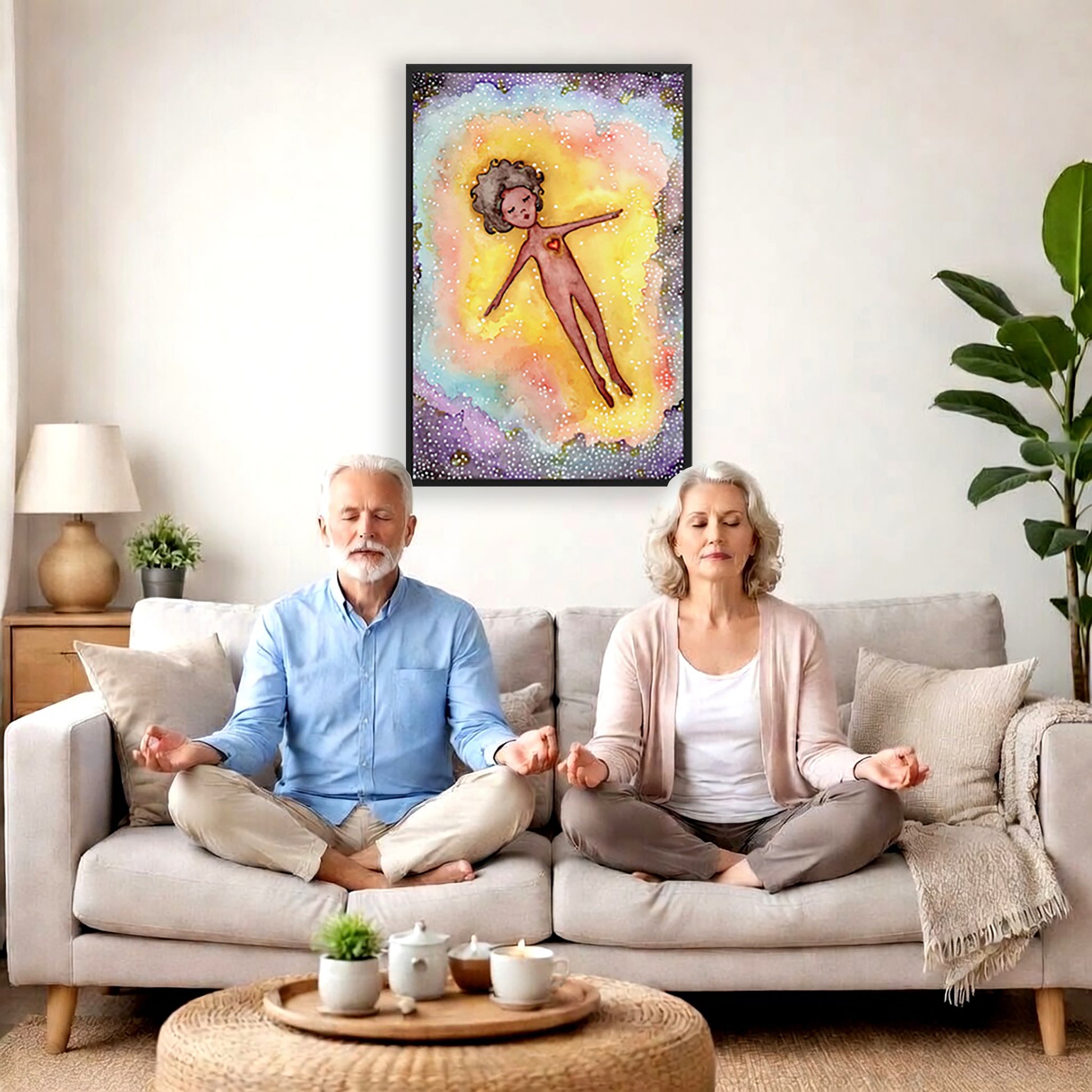 Astral body travelling in another dimension poster.  The poster is framed and is in the center of the living room wall. A couple are sitting on couch underneath the poster meditating. To the left is an end table with a lamp. To the right of them is a green floor plant.
