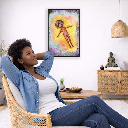 Astral body travelling in another dimension poster.  The poster is framed and is in the center of the living room wall. To the left a woman is relaxing in her chair with her hands behind her head. There is a small coffee table beside her with a bowl of walnuts, incense and a small green plant. On the right side of the room is a cabinet with a Buddha statue, books and an urn on it. To the left is a green floor plant.