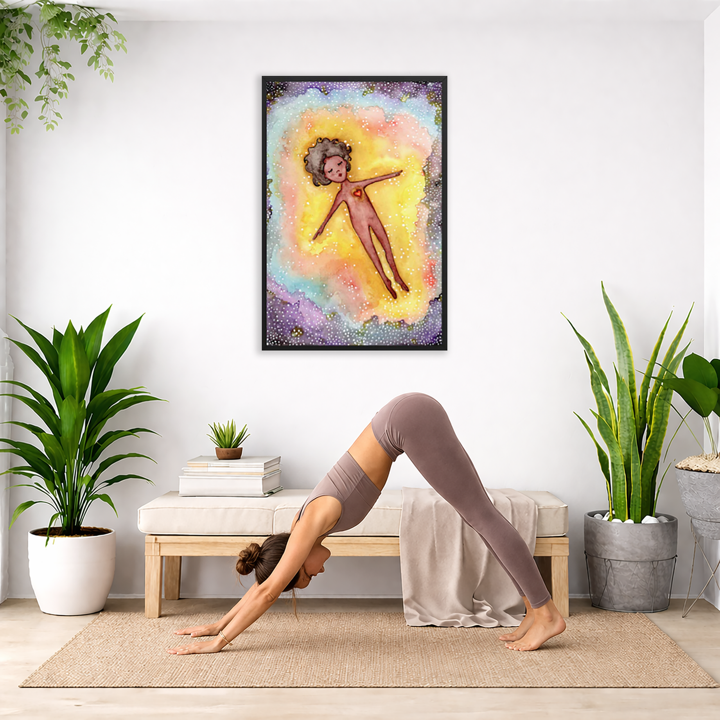 Astral body travelling in another dimension poster.  The poster is framed and is in the center of the living room wall. Below the poster a woman is doing the yoga posture downward facing dog on a wicker yoga mat.