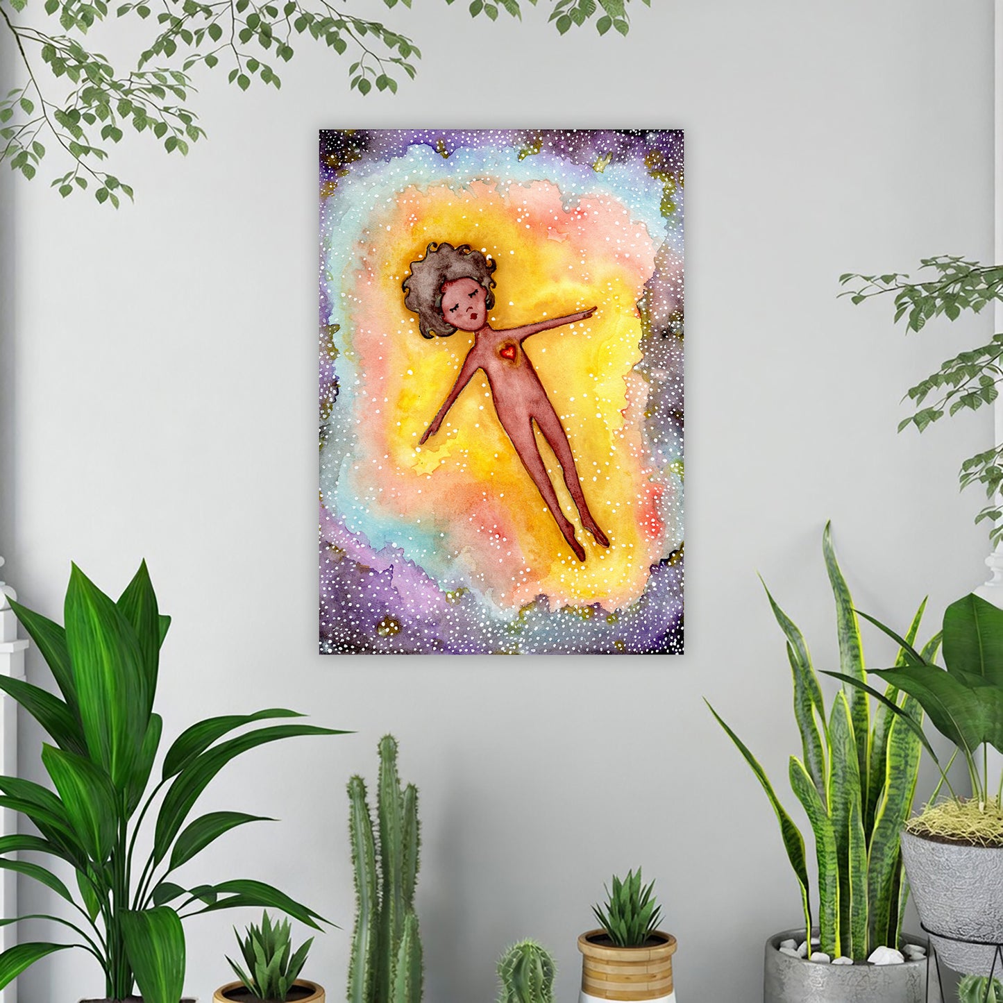 Astral body travelling in another dimension canvas poster. The poster is framed and is in the center of the living room wall. Below the poster is an a variety of green potted plants including a few cactus.