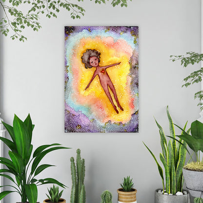 Astral body travelling in another dimension canvas poster. The poster is framed and is in the center of the living room wall. Below the poster is an a variety of green potted plants including a few cactus.