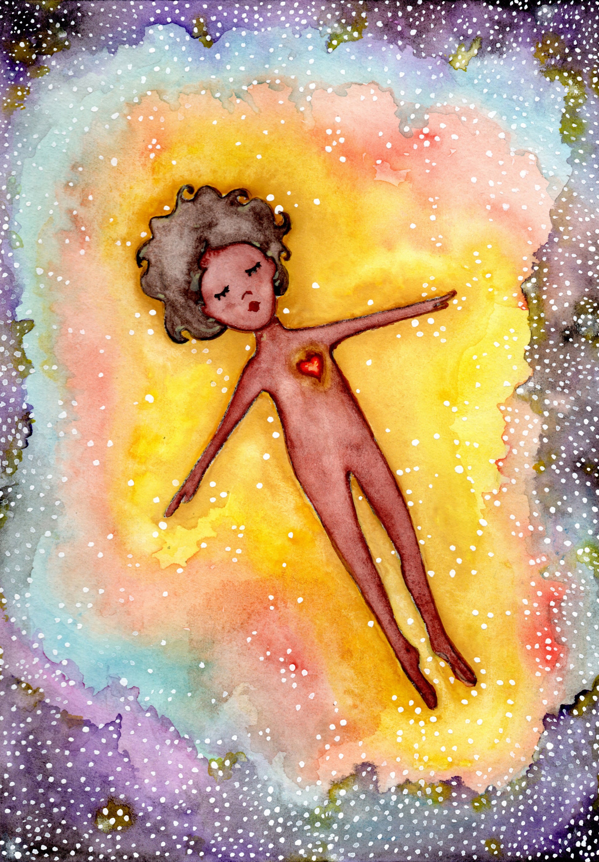 Astral body travelling in another dimension poster.  This is a print of the original hand-painted watercolor by Brazilian artist Thaís Suizo for the LET'S MEDITATE SERIES of mediation guides. 