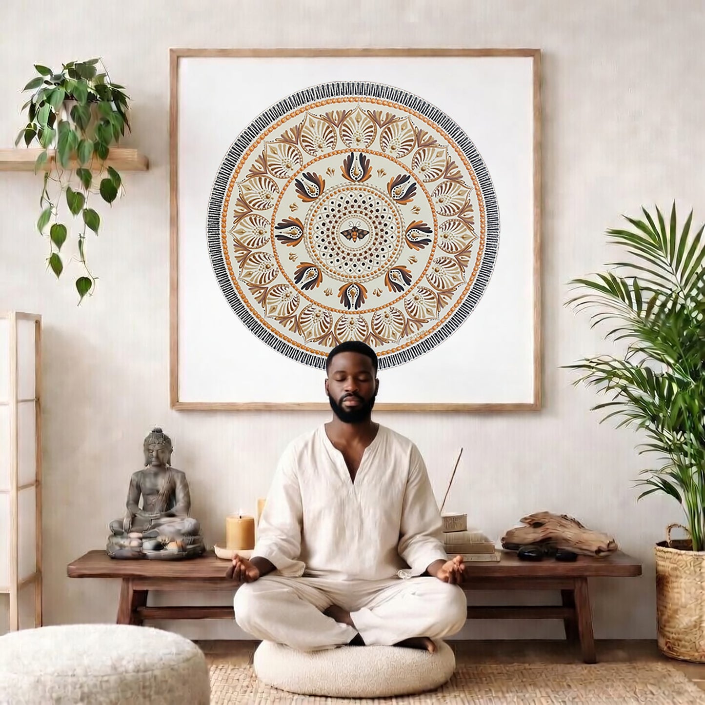 Soft beige mandala with subtle geometric symmetry and neutral tones, minimalist meditation artwork featured on a mindfulness poster. The mandala poster is framed and is in the center of the living room wall. There is a man meditating facing away from the wall. Behind him is a coffee table with incense and a Buddha statue. There are potted plants on the right and left side of the background. 
