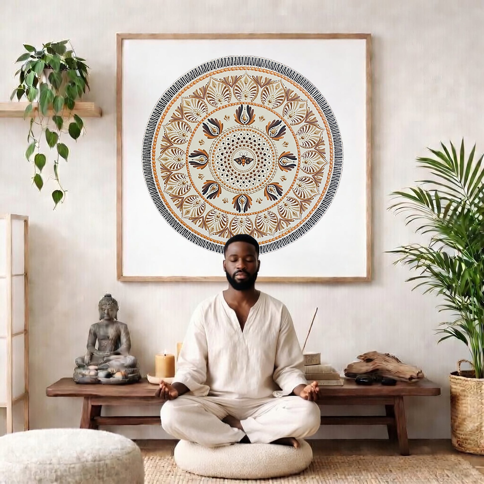 Soft beige mandala with subtle geometric symmetry and neutral tones, minimalist meditation artwork featured on a mindfulness poster. The mandala poster is framed and is in the center of the living room wall. There is a man meditating facing away from the wall. Behind him is a coffee table with incense and a Buddha statue. There are potted plants on the right and left side of the background. 
