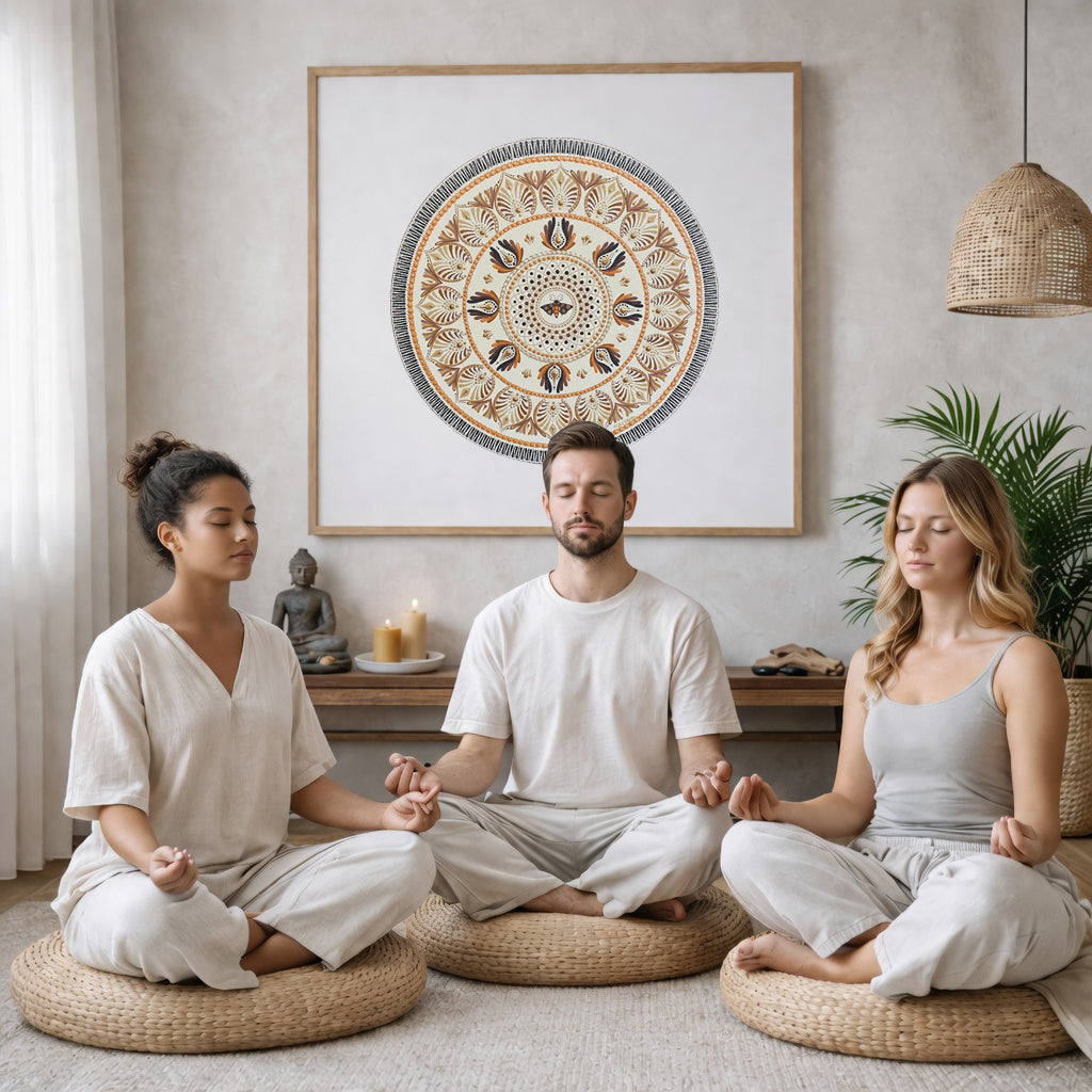 Soft beige mandala with subtle geometric symmetry and neutral tones, minimalist meditation artwork featured on a mindfulness poster.  Three friends are sitting on wicker pillows meditating in a living room. The mandala framed is on the wall behind them. The table behind them has a Buddha statue and a lit candle. There is a white curtain to the left and a hanging lamp and a potted green plant on the right.