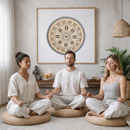 Soft beige mandala with subtle geometric symmetry and neutral tones, minimalist meditation artwork featured on a mindfulness poster.  Three friends are sitting on wicker pillows meditating in a living room. The mandala framed is on the wall behind them. The table behind them has a Buddha statue and a lit candle. There is a white curtain to the left and a hanging lamp and a potted green plant on the right.