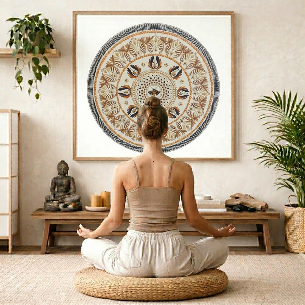 Soft beige mandala with subtle geometric symmetry and neutral tones, minimalist meditation artwork featured on a mindfulness poster.  The mandala is framed hanging on a living room wall. A woman is mediating facing the mandala. There is a coffee table in front of her with burning candles and a Buddha statue. There are green potted plants on each side of the room.
