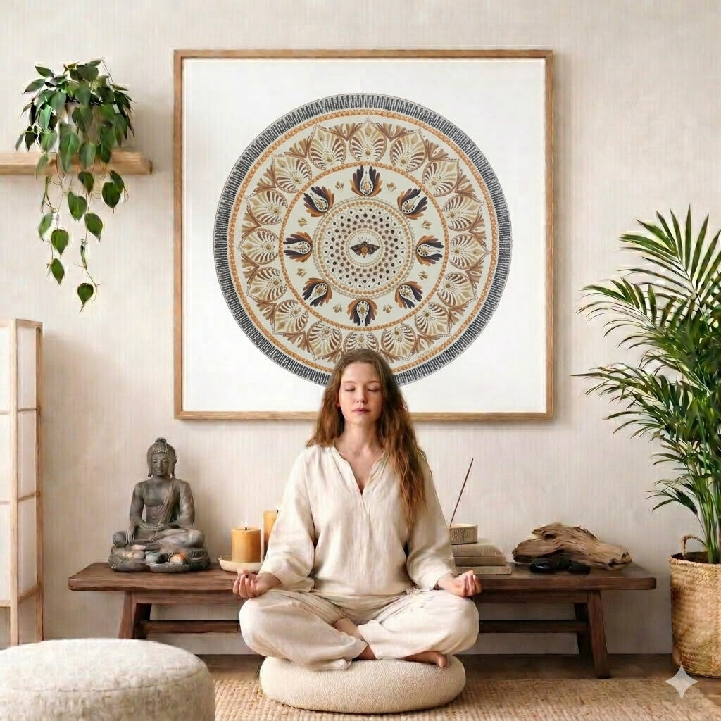 Soft beige mandala with subtle geometric symmetry and neutral tones, minimalist meditation artwork featured on a mindfulness poster. The mandala poster is framed and is in the center of the living room wall. There is a woman meditating facing away from the wall. Behind her is a coffee table with incense and a Buddha statue. There are potted plants on the right and left side of the background. 
