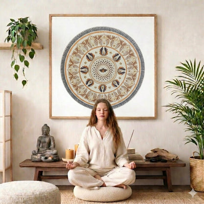 Soft beige mandala with subtle geometric symmetry and neutral tones, minimalist meditation artwork featured on a mindfulness poster. The mandala poster is framed and is in the center of the living room wall. There is a woman meditating facing away from the wall. Behind her is a coffee table with incense and a Buddha statue. There are potted plants on the right and left side of the background. 
