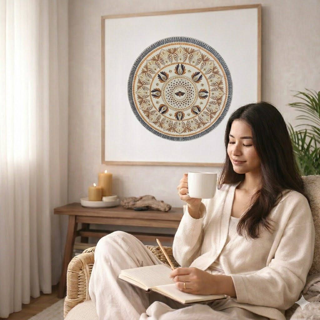 Soft beige mandala with subtle geometric symmetry and neutral tones, minimalist meditation artwork featured on a mindfulness poster.  The mandala poster is framed and is in the center of the living room wall. There is a coffee table below the poster with burning candles. A young woman is sitting in a wicker chair on the right side of the mandala with a cup of tea writing in her journal.
