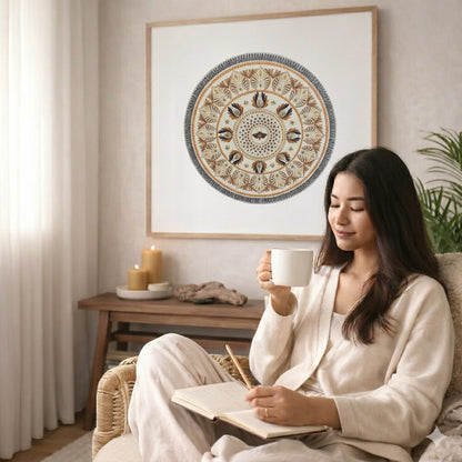 Soft beige mandala with subtle geometric symmetry and neutral tones, minimalist meditation artwork featured on a mindfulness poster.  The mandala poster is framed and is in the center of the living room wall. There is a coffee table below the poster with burning candles. A young woman is sitting in a wicker chair on the right side of the mandala with a cup of tea writing in her journal.
