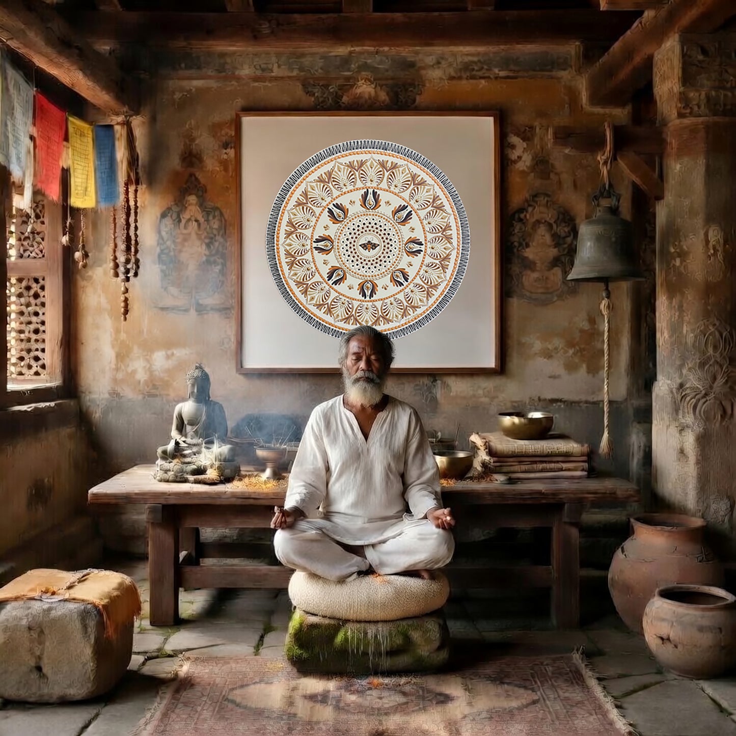 Soft beige mandala with subtle geometric symmetry and neutral tones, minimalist meditation artwork featured on a mindfulness poster.  A man is meditating in a Buddhist temple. The mandala is on the wall behind him. There is a table behind him with a Buddha statue on it and burning incense. To the left is an open window. To the left are some clay pots and a bell. The wall behind him has very old faded images on it.