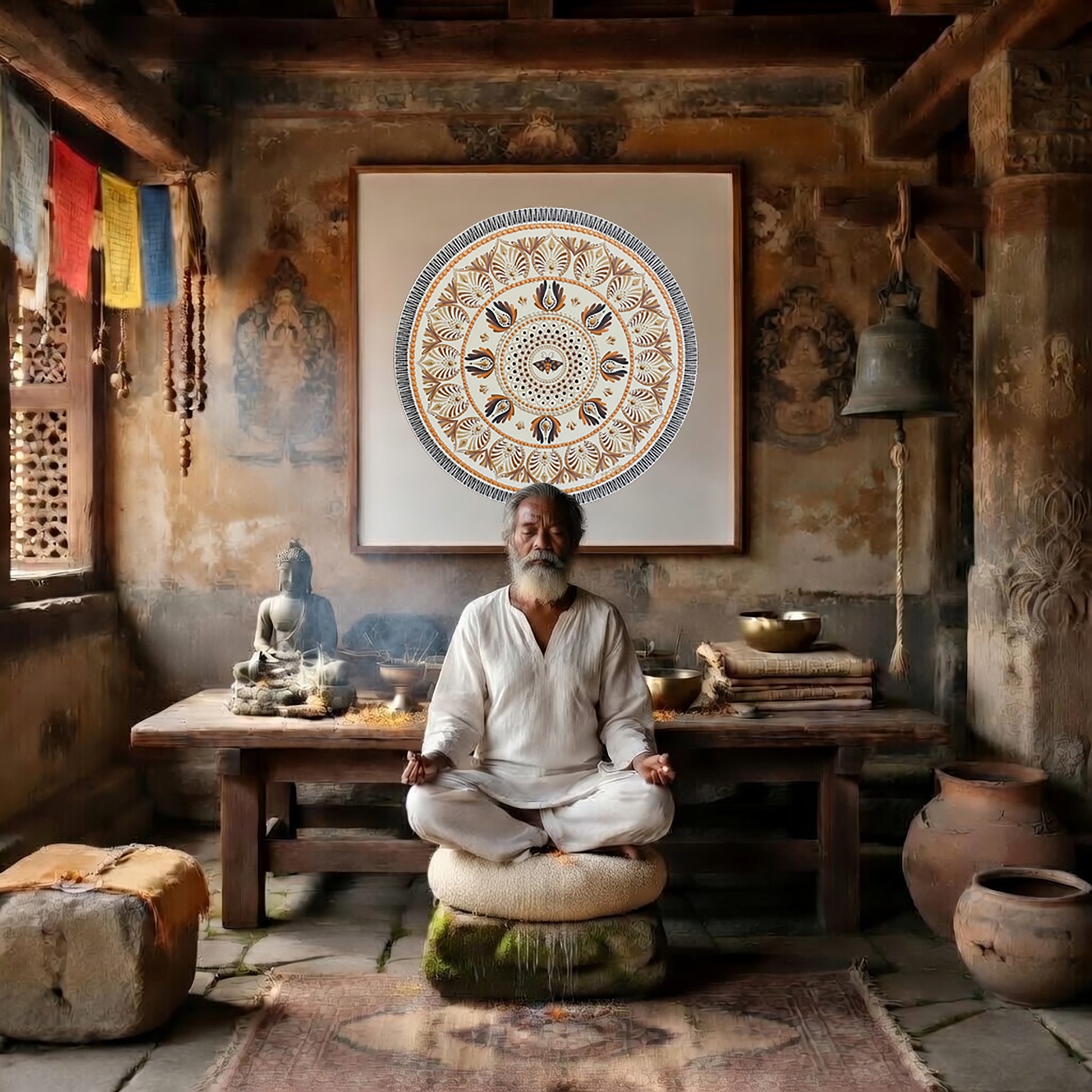 Soft beige mandala with subtle geometric symmetry and neutral tones, minimalist meditation artwork featured on a mindfulness poster.  A man is meditating in a Buddhist temple. The mandala is on the wall behind him. There is a table behind him with a Buddha statue on it and burning incense. To the left is an open window. To the left are some clay pots and a bell. The wall behind him has very old faded images on it.