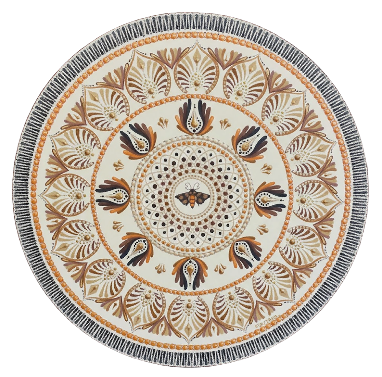 Soft beige mandala with subtle geometric symmetry and neutral tones, minimalist meditation artwork featured on a mindfulness poster.  This is a print of the original hand-painted mandala by Brazilian artist Claudia Stagni.
