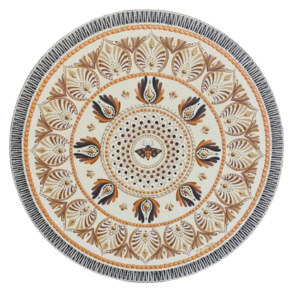 Soft beige mandala with subtle geometric symmetry and neutral tones, minimalist meditation artwork featured on a mindfulness poster.  This is a print of the original hand-painted mandala by Brazilian artist Claudia Stagni.
