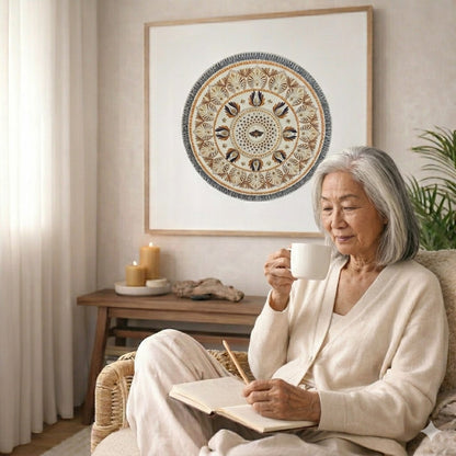 Soft beige mandala with subtle geometric symmetry and neutral tones, minimalist meditation artwork featured on a mindfulness poster. The mandala poster is on the back wall in the living room. There is a coffee table below the mandala with burning candles and a big piece of driftwood. A woman is sitting in a wicker chair on the right side of the mandala with a cup of tea writing in her journal. There is a potted green plant behind her.