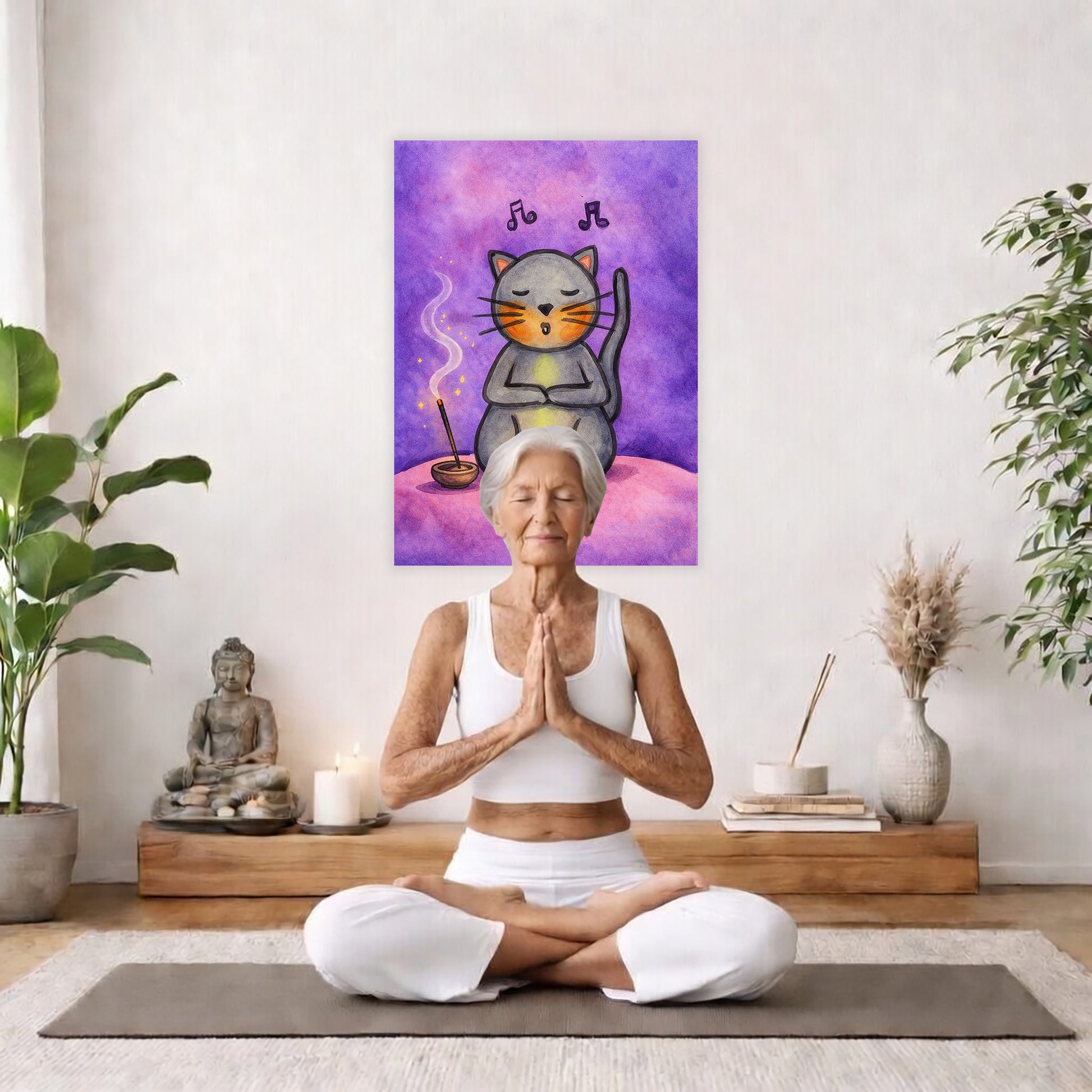Poster of a gray cat chanting while sitting on a pink cloud. Whimsical spiritual meditation illustration. The poster is in the center of the living room wall. There is a woman meditating facing away from the wall. Behind her is a coffee table with incense and a Buddha statue. There are potted plants on the right and left side of the background.
