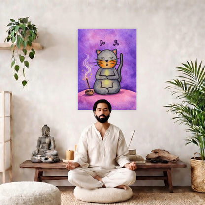 Poster of a gray cat chanting while sitting on a pink cloud. Whimsical spiritual meditation illustration.  The poster is in the center of the living room wall. There is a man meditating facing away from the wall. Behind him is a coffee table with incense and a Buddha statue. There are potted plants on the right and left side of the background.
