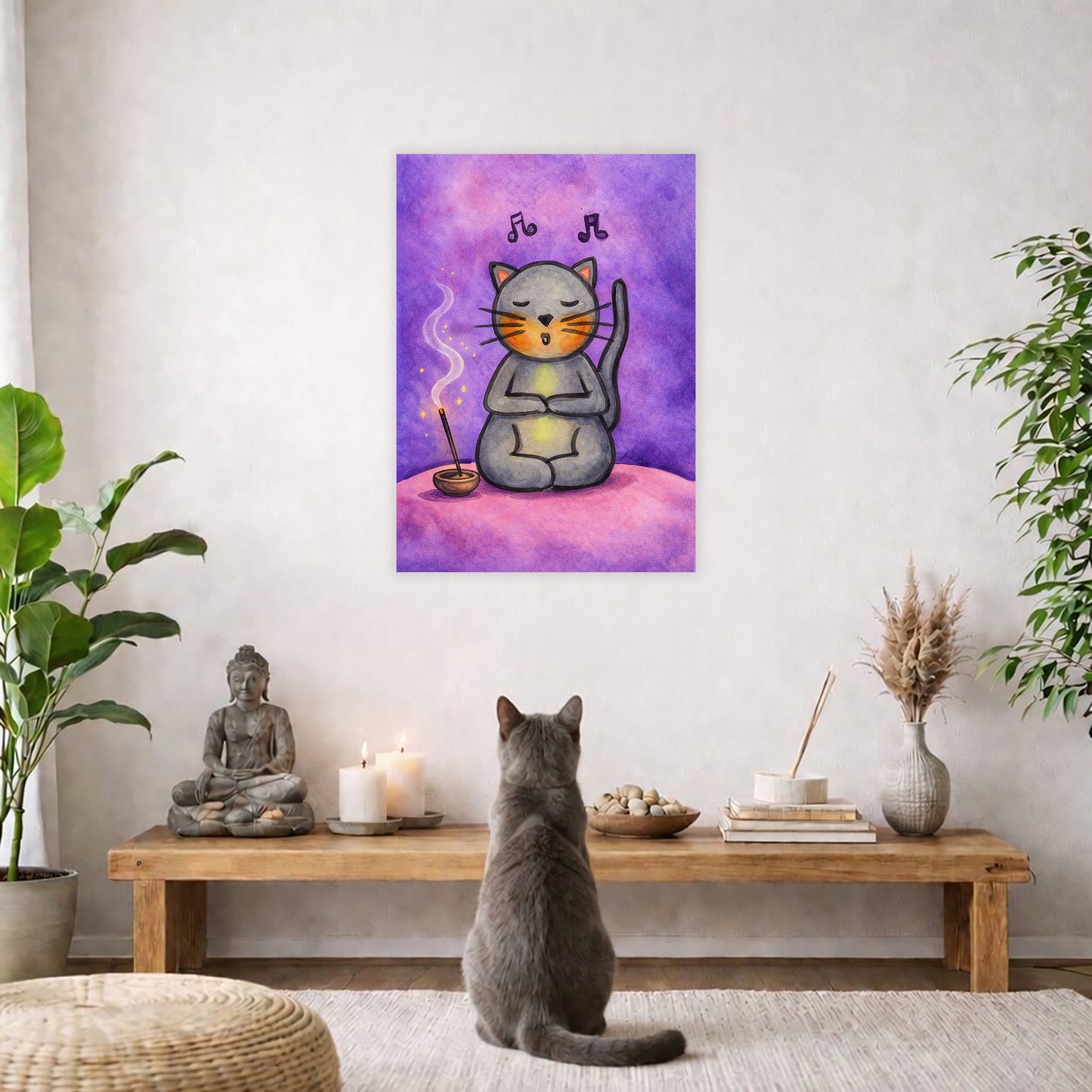 Poster of a gray cat chanting while sitting on a pink cloud. Whimsical spiritual meditation illustration.  The poster is hanging on a living room wall. A gray cat is staring up at the poster. The coffee table below the poster has a Buddha statue and a lit candle. There is a white curtain to the left and a hanging lamp and a potted green plant on the right.
