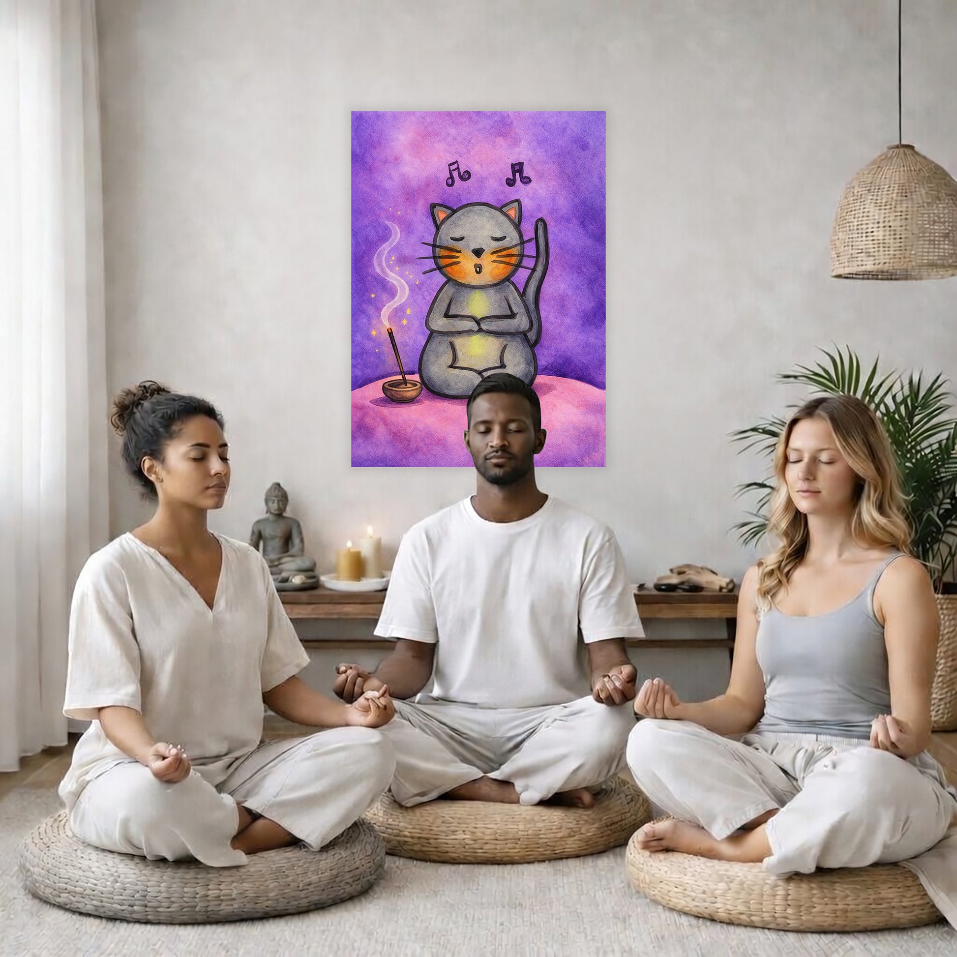 Poster of a gray cat chanting while sitting on a pink cloud. Whimsical spiritual meditation illustration.  Three friends are sitting on wicker pillows meditating in a living room. The poster is on the wall behind them. The table behind them has a Buddha statue and a lit candle. There is a white curtain to the left and a hanging lamp and a potted green plant on the right.
