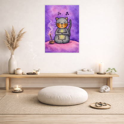 Poster of a gray cat chanting while sitting on a pink cloud. Whimsical spiritual meditation illustration.  The poster is in the center of the living room wall. There is a pillow beneath the poster. To the left candles and incense are burning.  