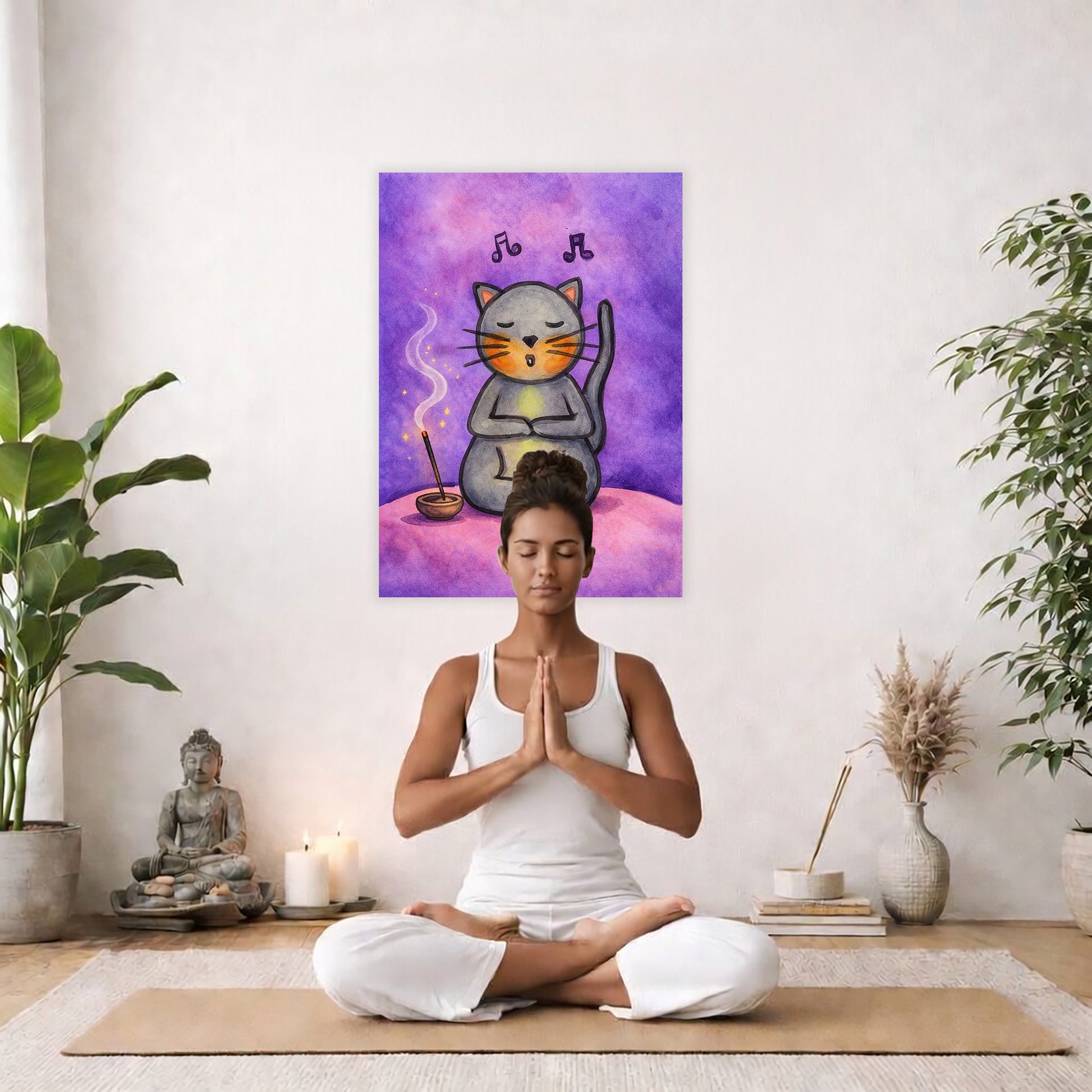 Poster of a gray cat chanting while sitting on a pink cloud. Whimsical spiritual meditation illustration. The poster is in the center of the living room wall. A woman is meditating facing toward the front with praying hands. There is a potted green plant to her right and a potted green plant and Buddha statue to her left.