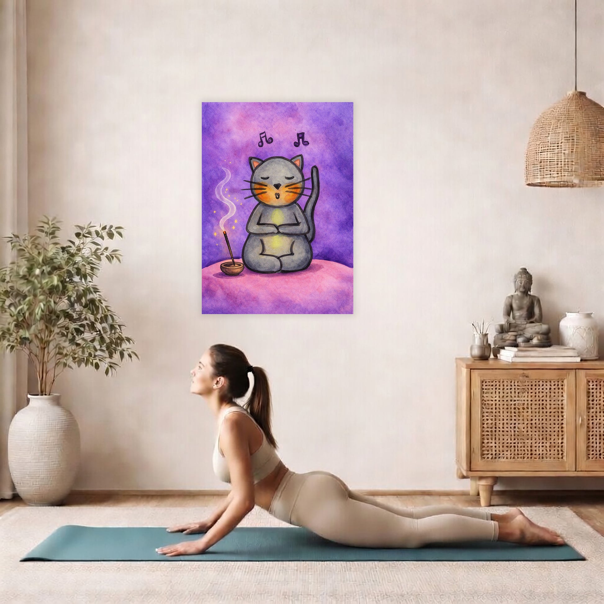 Poster of a gray cat chanting while sitting on a pink cloud. Whimsical spiritual meditation illustration.  The poster is hanging on the wall. A woman on her yoga mat is doing the cobra pose in front of the poster. here is a potted plant on the left side and a cabinet with a Buddha statue on it on the right side.

