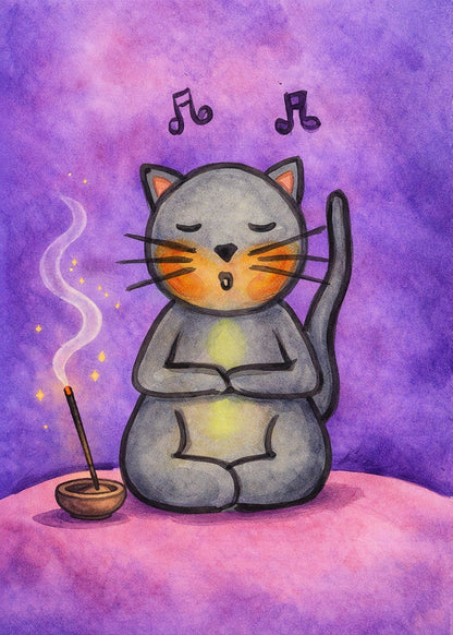 Poster of a gray cat chanting while sitting on a pink cloud. Whimsical spiritual meditation illustration. This is a print of the original watercolor created by Brazilian artist Thaís Suizo for the LET'S MEDITATE series of meditation guides. 
