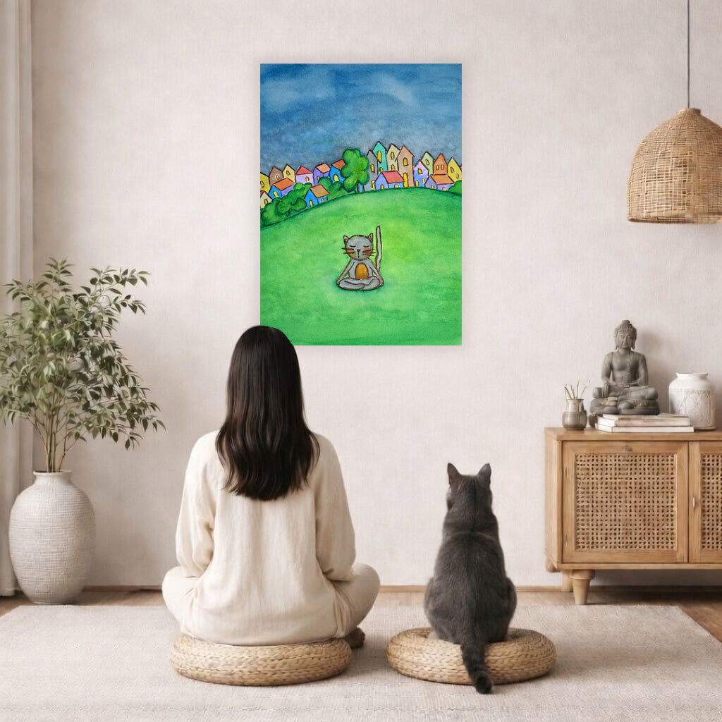 Poster of a gray cat meditating peacefully in a park surrounded by nature.  A cat and woman are sitting on a wicker pillow meditating facing the poster. There is a floor plant on in the left corner. On the right side is a cabinet with a Buddha statue on top, burning incense and a few books.
