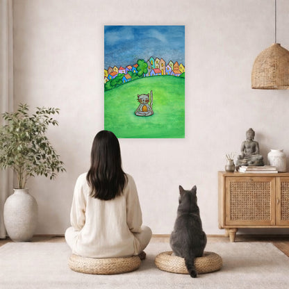 Poster of a gray cat meditating peacefully in a park surrounded by nature.  A cat and woman are sitting on a wicker pillow meditating facing the poster. There is a floor plant on in the left corner. On the right side is a cabinet with a Buddha statue on top, burning incense and a few books.
