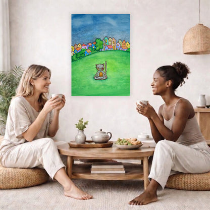 Poster of a gray cat meditating peacefully in a park surrounded by nature.  The poster is in the center of the living room wall. Two female friends are having tea, grapes and cookies on a coffee table in front of the poster. On the left there is a green potted plant and to the right there is a hanging lamp.

