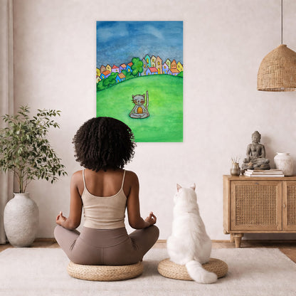 Poster of a gray cat meditating peacefully in a park surrounded by nature. The poster hanging on a living room wall. A white cat and woman are sitting on a wicker pillow meditating facing the poster. There is a floor plant on in the left corner. On the right side is a cabinet with a Buddha statue on top, burning incense and a few books.