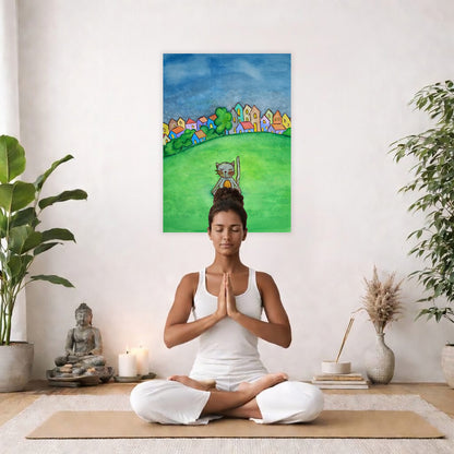 Poster of a gray cat meditating peacefully in a park surrounded by nature. The poster is in the center of the living room wall. There is a woman meditating facing away from the wall. Behind her is a coffee table with incense and a Buddha statue. There are potted plants on the right and left side of the background.
