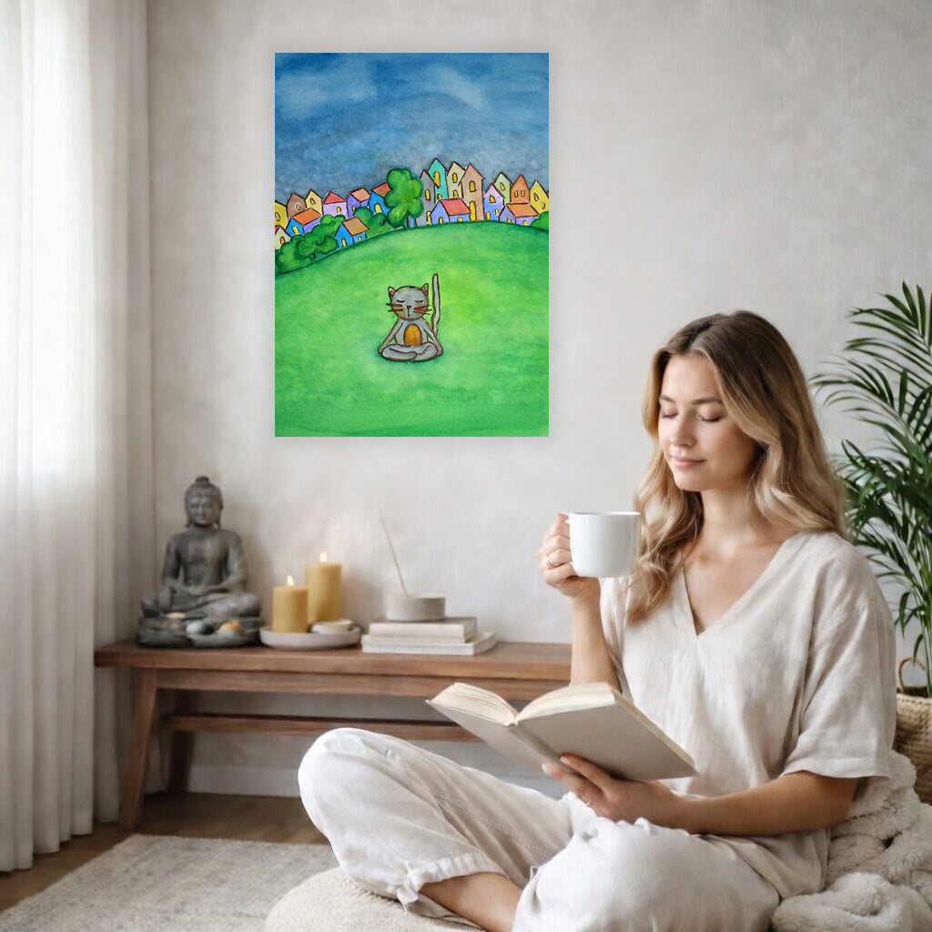Poster of a gray cat meditating peacefully in a park surrounded by nature.  The poster is in the center of the living room wall. There is a coffee table below the poster with burning candles. A woman is sitting in a wicker chair on the right side of the poster with a cup of tea reading a book.
