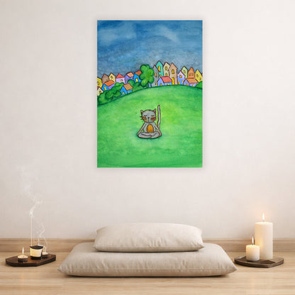 Poster of a gray cat meditating peacefully in a park surrounded by nature.  The poster is in the center of the living room wall. There are two pillows stacked beneath the poster. To the left candles and incense are burning. To the right two candles are burning.
