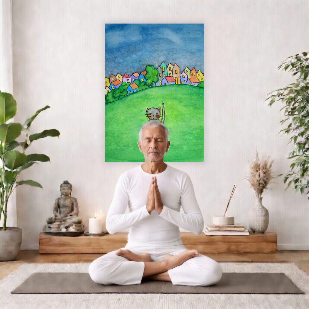 Poster of a gray cat meditating peacefully in a park surrounded by nature. The poster is in the center of the living room wall. A man is meditating facing toward the front with praying hands. There is a potted green plant to his right and a potted green plant and Buddha statue to his left.