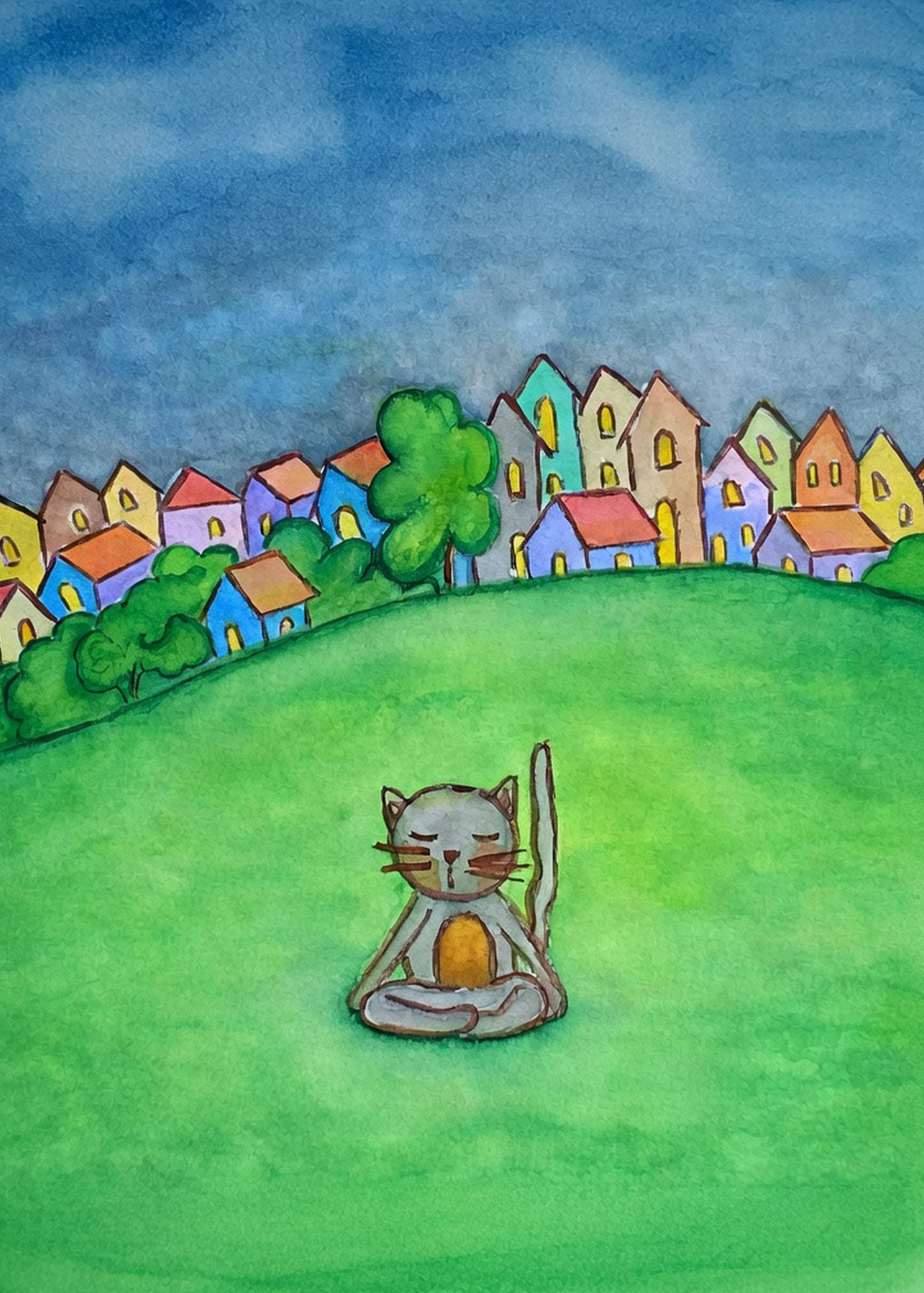 Poster of a gray cat meditating peacefully in a park surrounded by nature.  This is a print of the original watercolor created by Brazilian artist Thaís Suizo for the LET'S MEDITATE series of meditation guides. 
