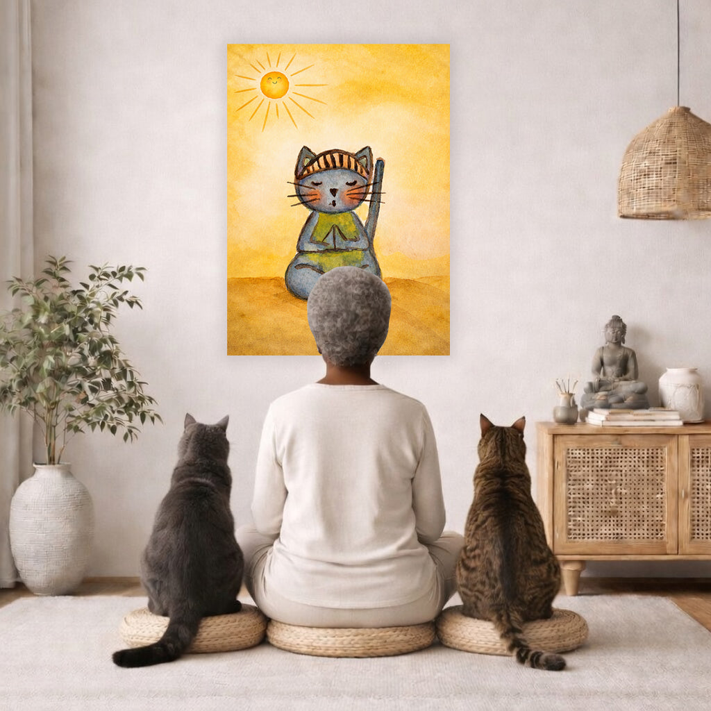 Poster of a gray cat meditating peacefully on a sunny day with warm light and calm surroundings. Two cats and woman are sitting on a wicker pillow meditating facing the poster. There is a floor plant on in the left corner. On the right side is a cabinet with a Buddha statue on top, burning incense and a few books.
