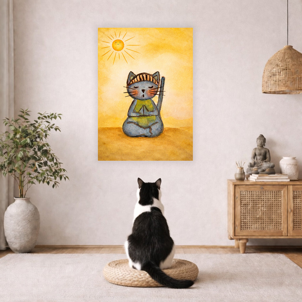 Poster of a gray cat meditating peacefully on a sunny day with warm light and calm surroundings.  A black and white cat is sitting on a wicker pillow meditating facing the poster. There is a floor plant on in the left corner. On the right side is a cabinet with a Buddha statue on top, burning incense and a few books.