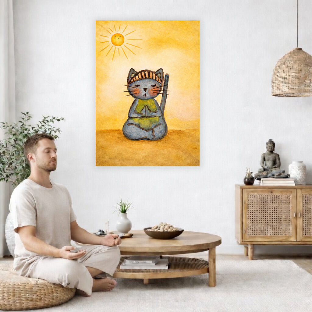 Poster of a gray cat meditating peacefully on a sunny day with warm light and calm surroundings.  The poster is in the center of the living room wall. A man is on a chair on the left side of his living room meditating. On the right side is a cabinet with a Buddha statue on it.

