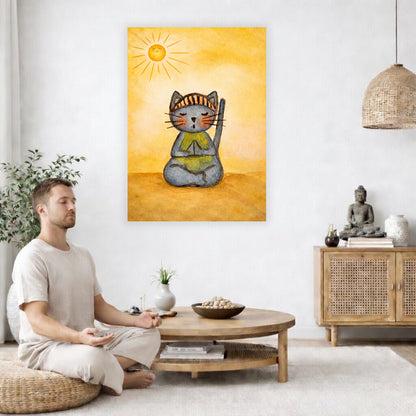Poster of a gray cat meditating peacefully on a sunny day with warm light and calm surroundings.  The poster is in the center of the living room wall. A man is on a chair on the left side of his living room meditating. On the right side is a cabinet with a Buddha statue on it.
