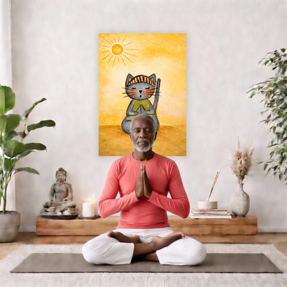 Poster of a gray cat meditating peacefully on a sunny day with warm light and calm surroundings.  The poster is in the center of the living room wall. There is a man meditating facing away from the wall. Behind him is a coffee table with incense and a Buddha statue. There are potted plants on the right and left side of the background.

