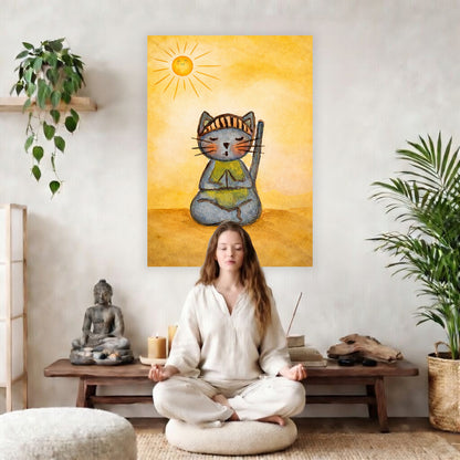 Poster of a gray cat meditating peacefully on a sunny day with warm light and calm surroundings. The poster is in the center of the living room wall. There is a woman meditating facing away from the wall. Behind her is a coffee table with incense and a Buddha statue. There are potted plants on the right and left side of the background.
